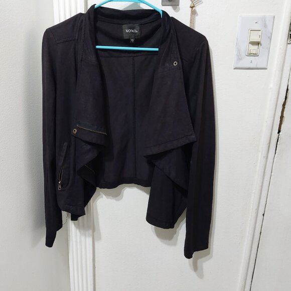 XOXO Faux Suede Open Front Draped Jacket Lightweight Comfort Black Zippered M - Picture 9 of 10